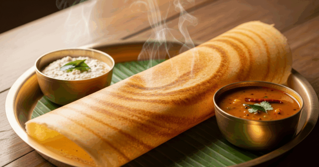 Close-up of crispy golden South Indian rava dosa on banana leaf plate with coconut chutney and sambar, rustic wooden background, authentic hotel-style presentation
