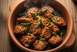 Authentic Kerala Pepper Pork Fry served in a rustic clay bowl, garnished with curry leaves and freshly crushed black pepper, paired with Malabar parotta and rice.
