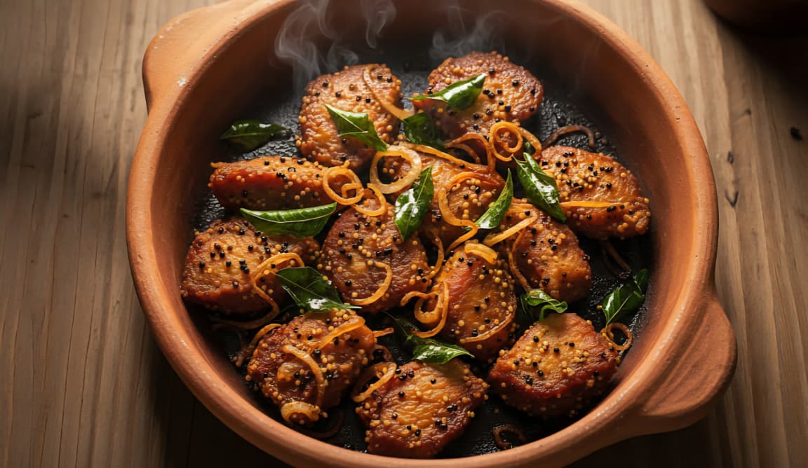 Authentic Kerala Pepper Pork Fry served in a rustic clay bowl, garnished with curry leaves and freshly crushed black pepper, paired with Malabar parotta and rice.