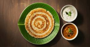 Minimalist top-view photo of a crispy hotel-style rava dosa on a banana leaf plate, served with coconut chutney and sambar in small bowls, South Indian breakfast presentation on a clean white rustic background.